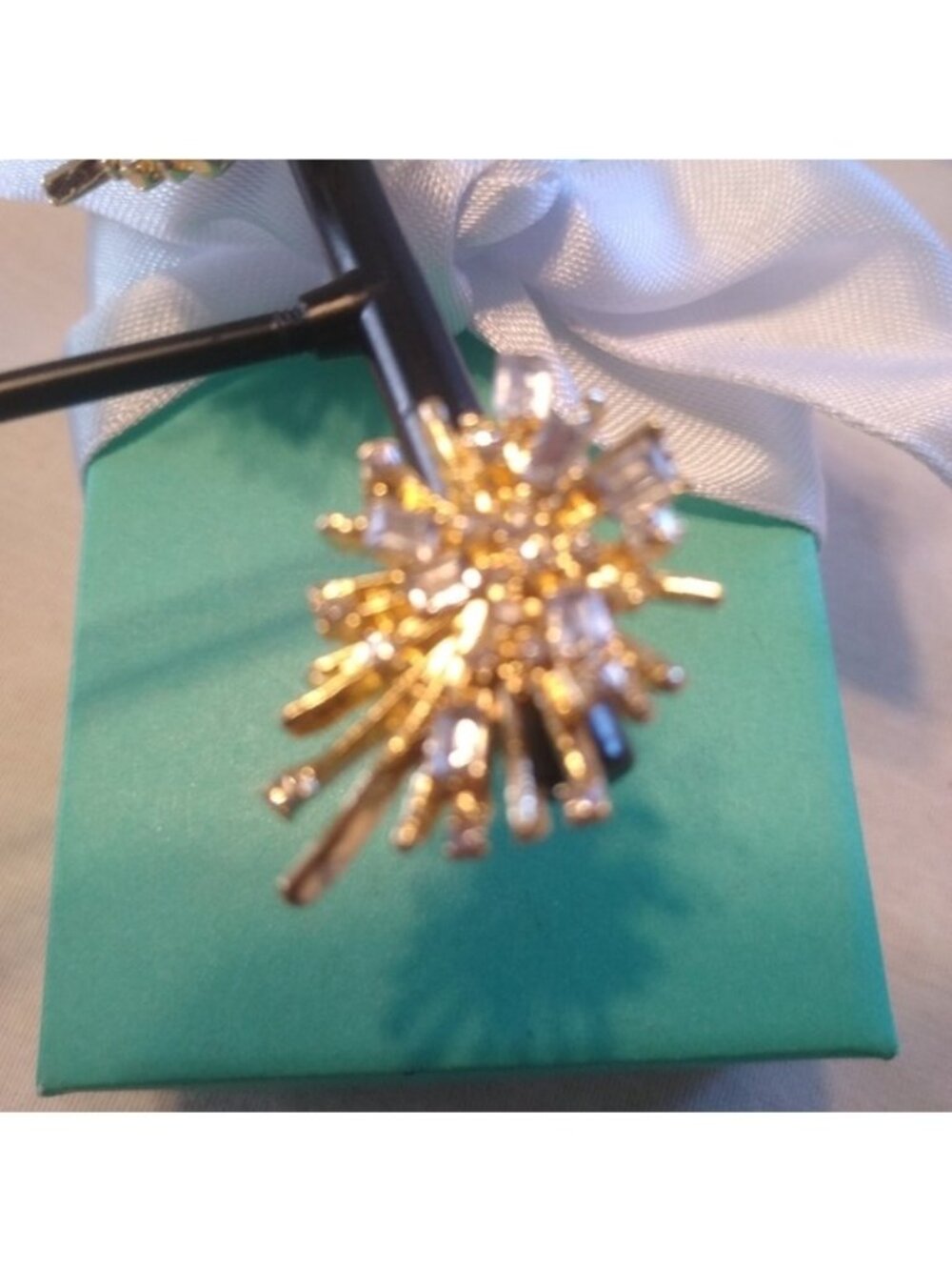 Goldtone Sparkling Fireworks Ray Rhinestone Earrings - Picture 3 of 4